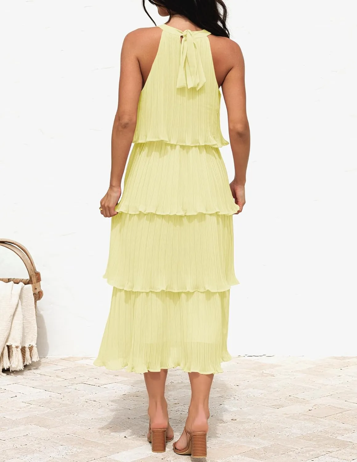 ZESICA Women's 2025 Summer Sleeveless Halter Neck Ruffle Tiered Layed Chiffon Flowy Swing Long Midi Dress
