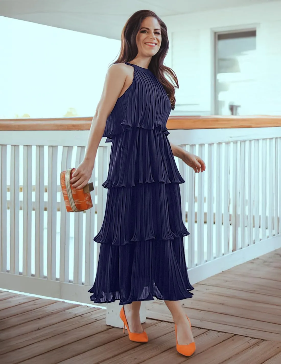ZESICA Women's 2025 Summer Sleeveless Halter Neck Ruffle Tiered Layed Chiffon Flowy Swing Long Midi Dress