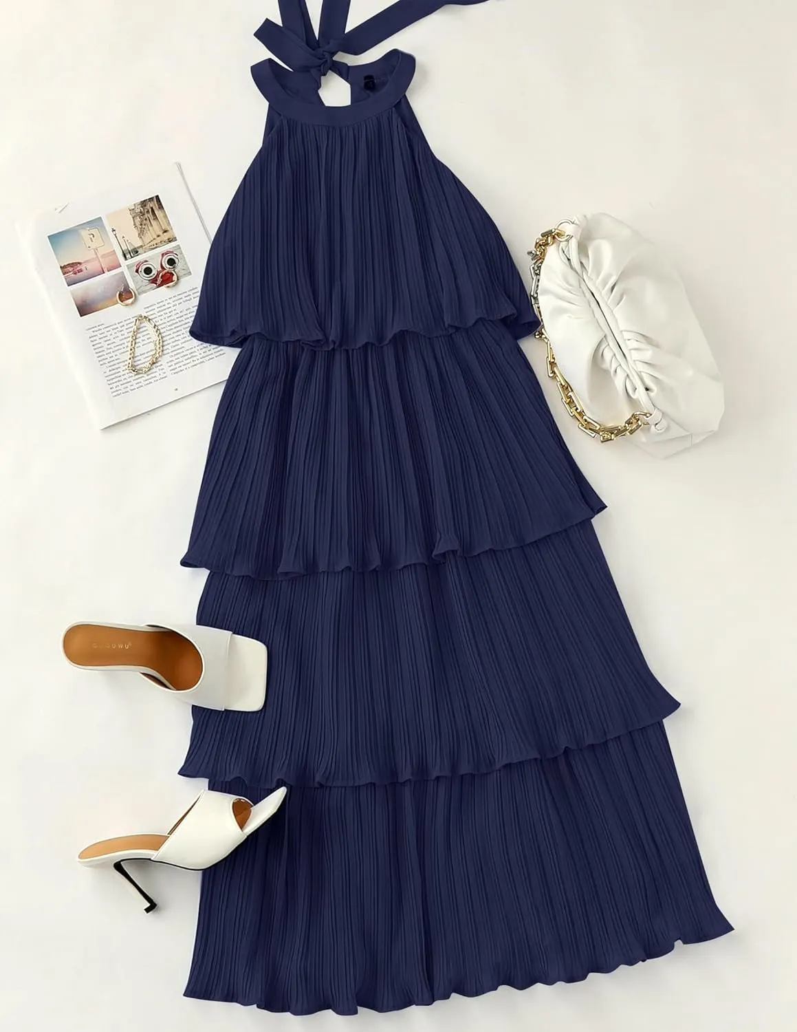 ZESICA Women's 2025 Summer Sleeveless Halter Neck Ruffle Tiered Layed Chiffon Flowy Swing Long Midi Dress