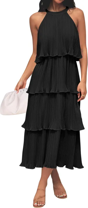 ZESICA Women's 2025 Summer Sleeveless Halter Neck Ruffle Tiered Layed Chiffon Flowy Swing Long Midi Dress