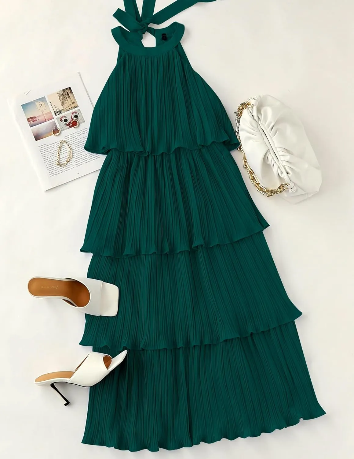 ZESICA Women's 2025 Summer Sleeveless Halter Neck Ruffle Tiered Layed Chiffon Flowy Swing Long Midi Dress