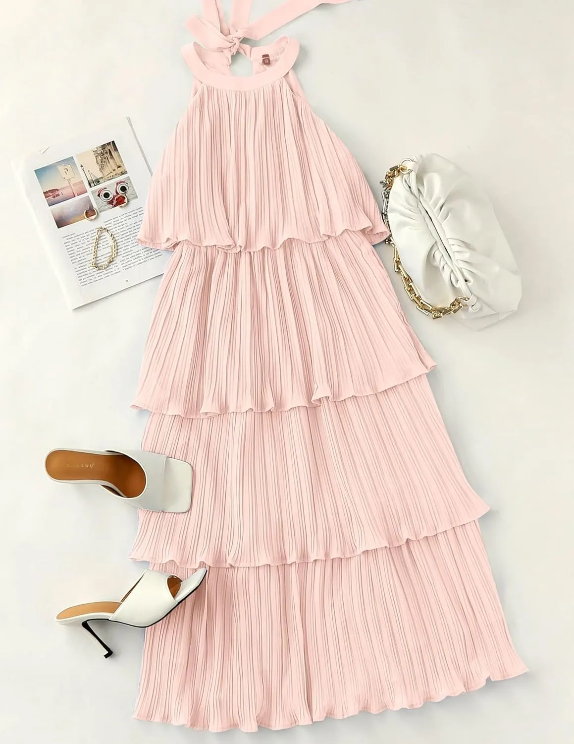 ZESICA Women's 2025 Summer Sleeveless Halter Neck Ruffle Tiered Layed Chiffon Flowy Swing Long Midi Dress