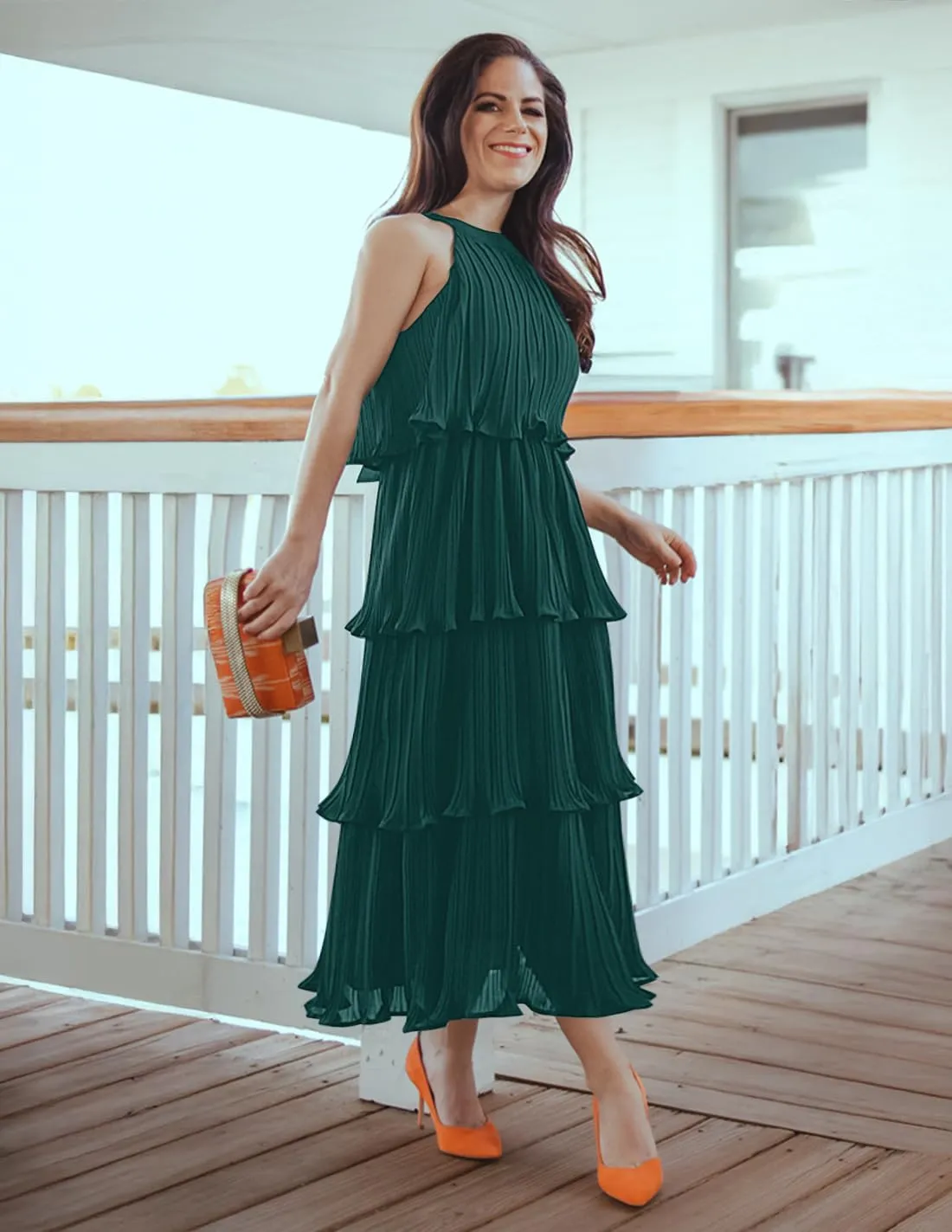 ZESICA Women's 2025 Summer Sleeveless Halter Neck Ruffle Tiered Layed Chiffon Flowy Swing Long Midi Dress