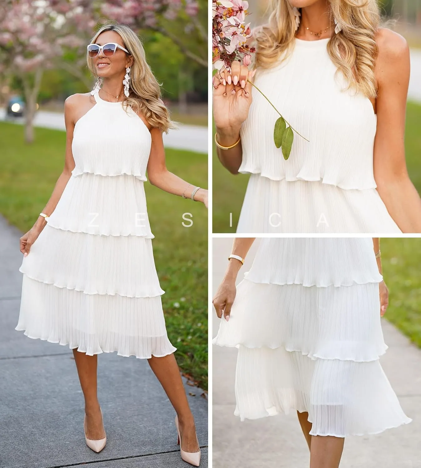 ZESICA Women's 2025 Summer Sleeveless Halter Neck Ruffle Tiered Layed Chiffon Flowy Swing Long Midi Dress