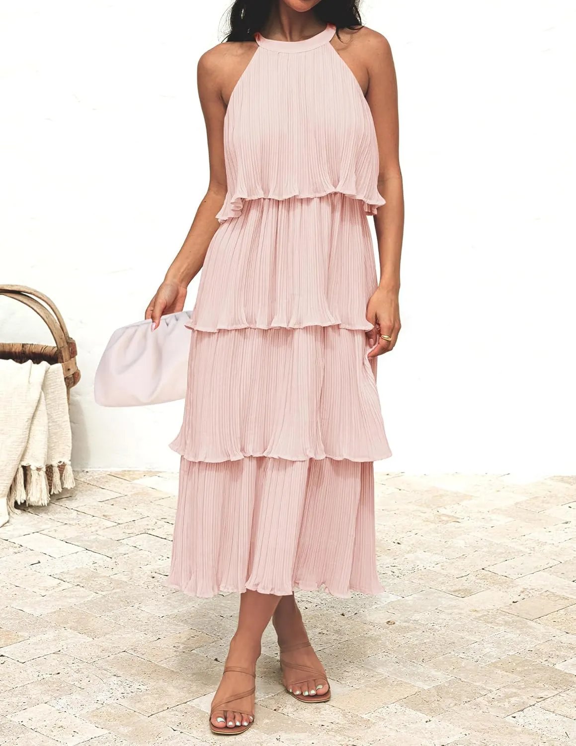 ZESICA Women's 2025 Summer Sleeveless Halter Neck Ruffle Tiered Layed Chiffon Flowy Swing Long Midi Dress