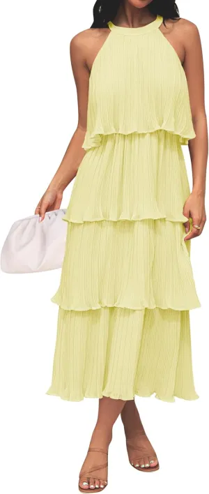 ZESICA Women's 2025 Summer Sleeveless Halter Neck Ruffle Tiered Layed Chiffon Flowy Swing Long Midi Dress