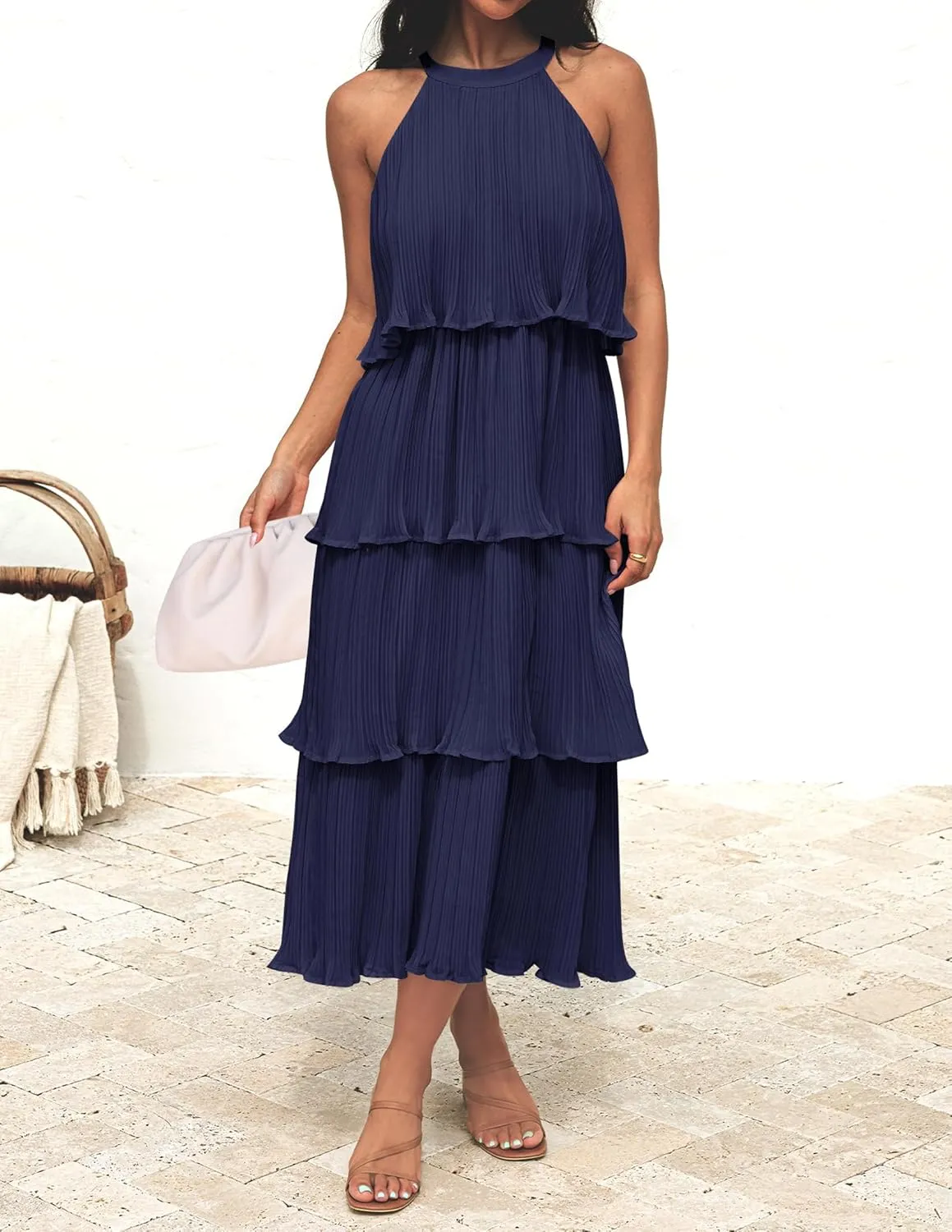 ZESICA Women's 2025 Summer Sleeveless Halter Neck Ruffle Tiered Layed Chiffon Flowy Swing Long Midi Dress