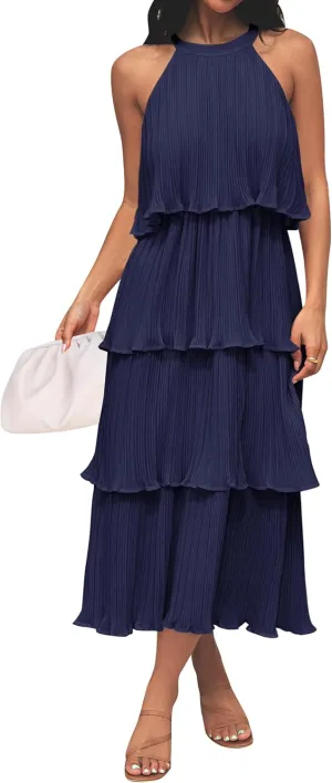 ZESICA Women's 2025 Summer Sleeveless Halter Neck Ruffle Tiered Layed Chiffon Flowy Swing Long Midi Dress
