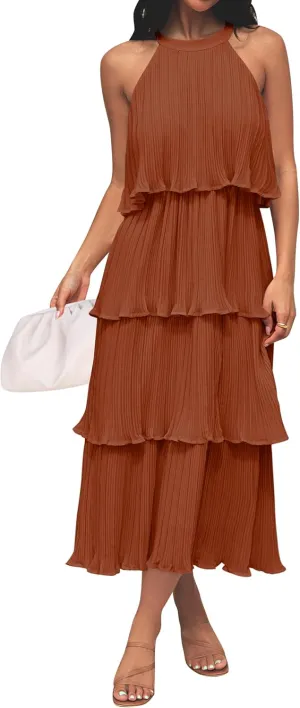 ZESICA Women's 2025 Summer Sleeveless Halter Neck Ruffle Tiered Layed Chiffon Flowy Swing Long Midi Dress
