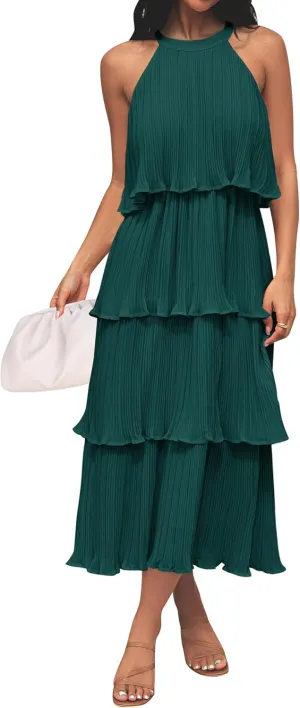 ZESICA Women's 2025 Summer Sleeveless Halter Neck Ruffle Tiered Layed Chiffon Flowy Swing Long Midi Dress