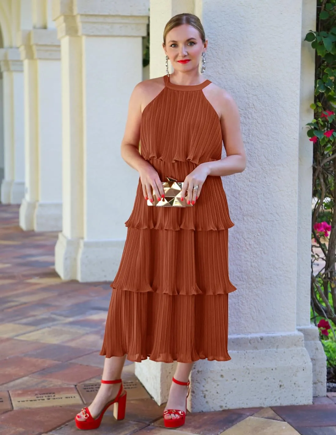 ZESICA Women's 2025 Summer Sleeveless Halter Neck Ruffle Tiered Layed Chiffon Flowy Swing Long Midi Dress