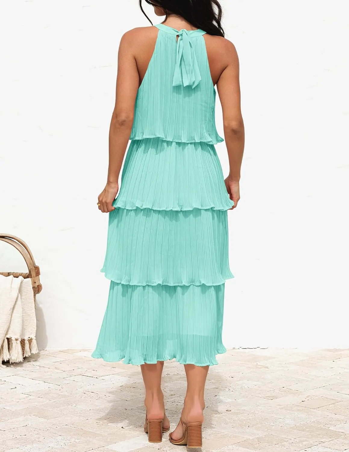 ZESICA Women's 2025 Summer Sleeveless Halter Neck Ruffle Tiered Layed Chiffon Flowy Swing Long Midi Dress