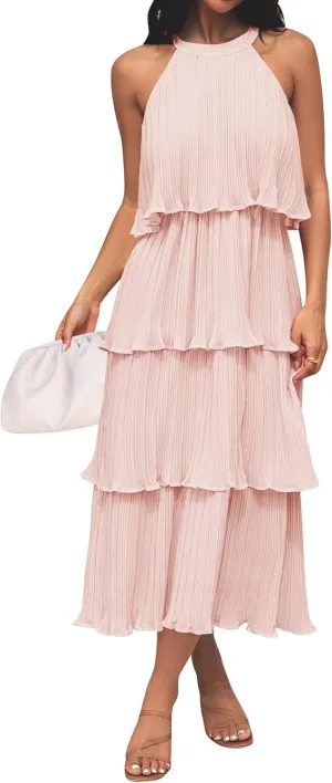 ZESICA Women's 2025 Summer Sleeveless Halter Neck Ruffle Tiered Layed Chiffon Flowy Swing Long Midi Dress