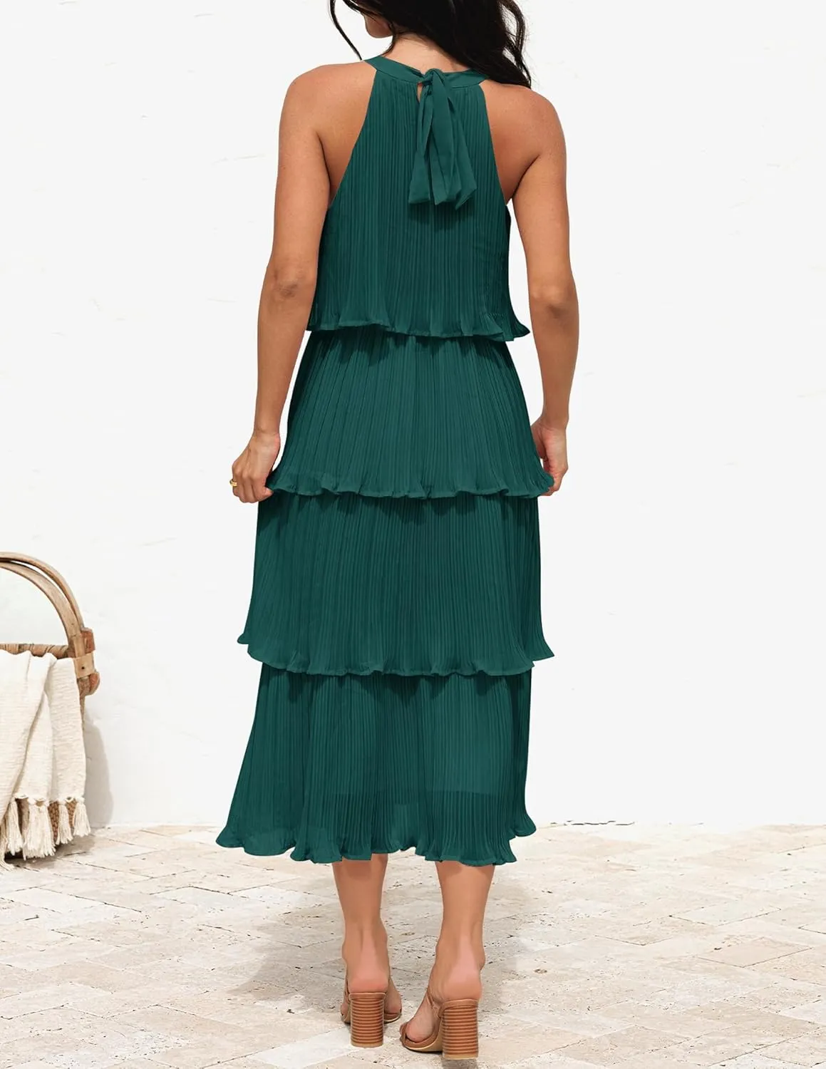 ZESICA Women's 2025 Summer Sleeveless Halter Neck Ruffle Tiered Layed Chiffon Flowy Swing Long Midi Dress