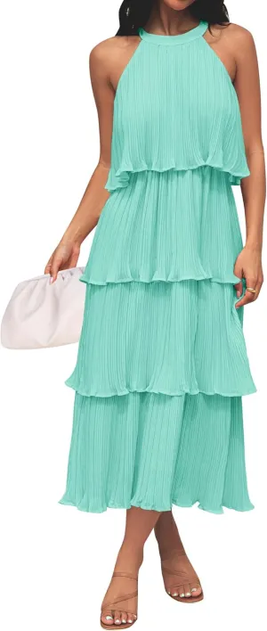 ZESICA Women's 2025 Summer Sleeveless Halter Neck Ruffle Tiered Layed Chiffon Flowy Swing Long Midi Dress
