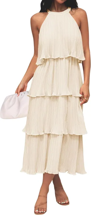 ZESICA Women's 2025 Summer Sleeveless Halter Neck Ruffle Tiered Layed Chiffon Flowy Swing Long Midi Dress