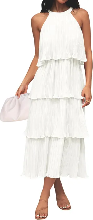 ZESICA Women's 2025 Summer Sleeveless Halter Neck Ruffle Tiered Layed Chiffon Flowy Swing Long Midi Dress