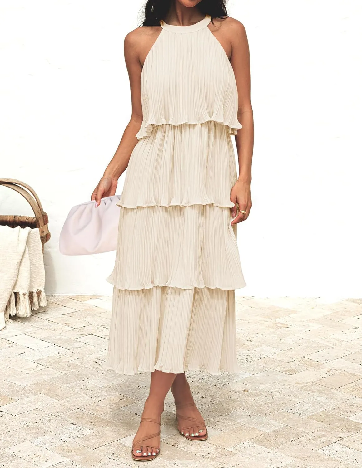 ZESICA Women's 2025 Summer Sleeveless Halter Neck Ruffle Tiered Layed Chiffon Flowy Swing Long Midi Dress