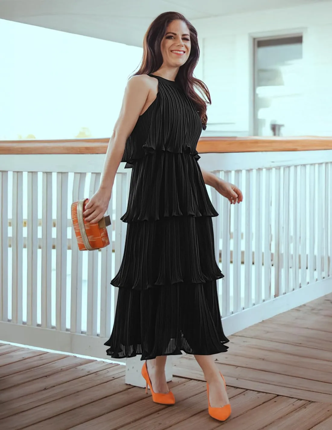 ZESICA Women's 2025 Summer Sleeveless Halter Neck Ruffle Tiered Layed Chiffon Flowy Swing Long Midi Dress