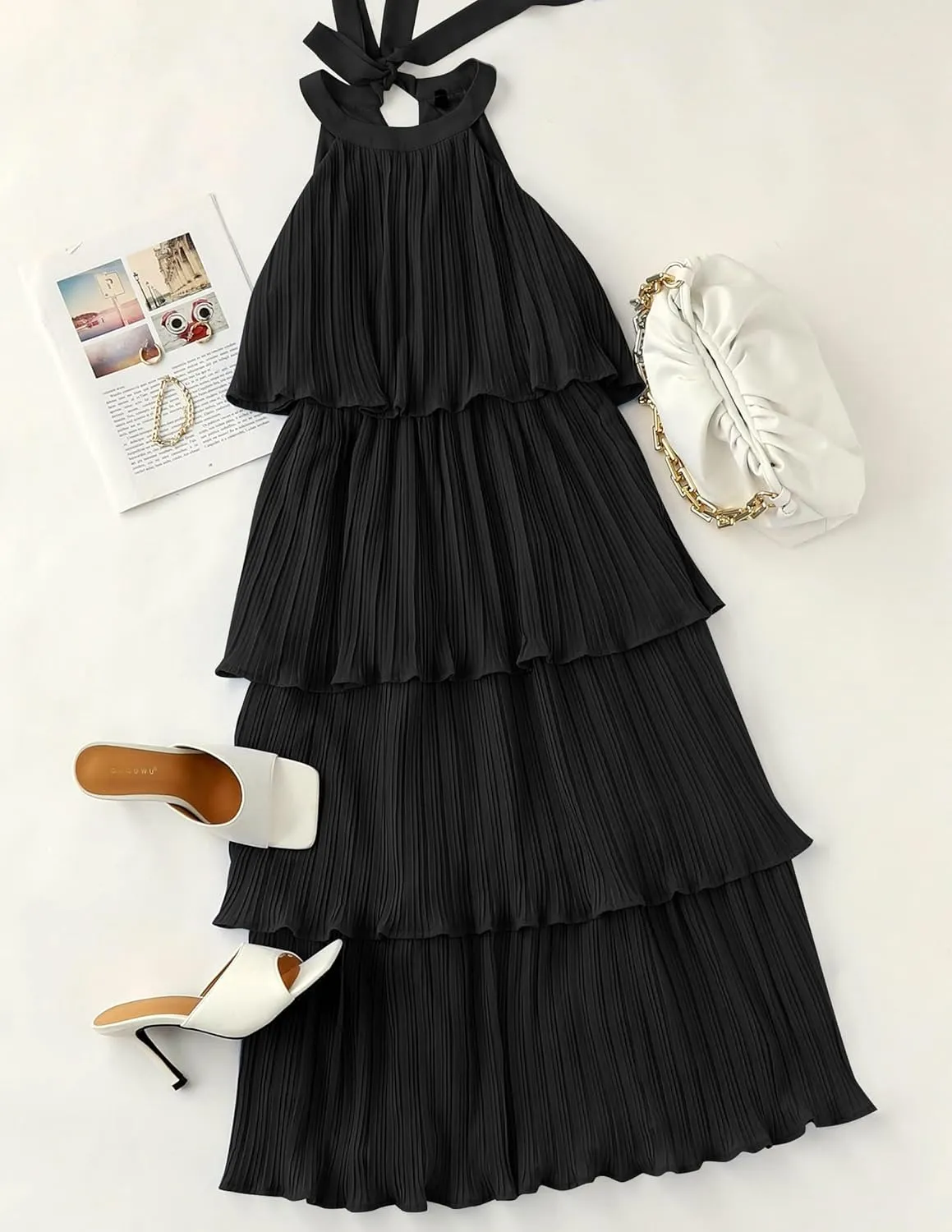 ZESICA Women's 2025 Summer Sleeveless Halter Neck Ruffle Tiered Layed Chiffon Flowy Swing Long Midi Dress