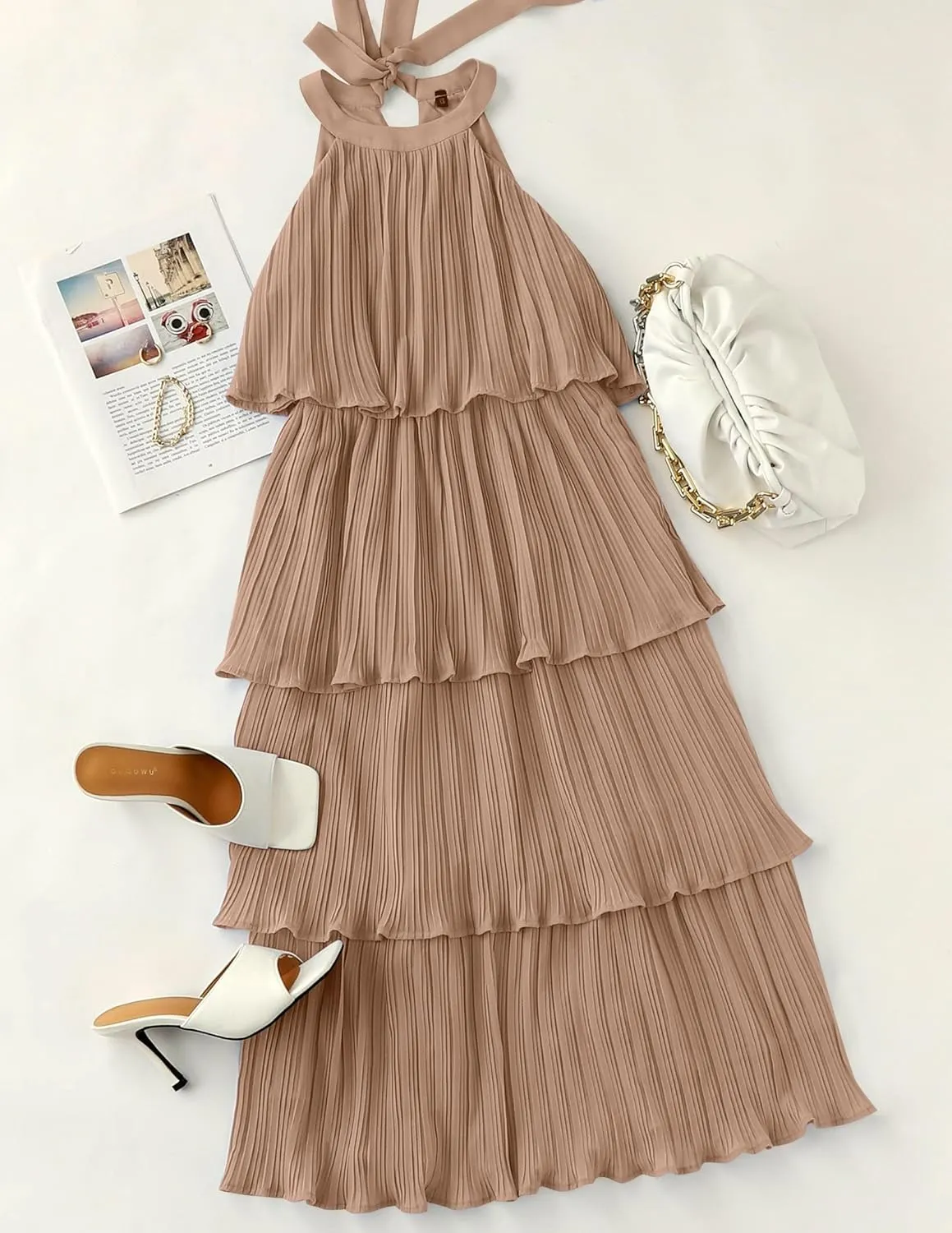 ZESICA Women's 2025 Summer Sleeveless Halter Neck Ruffle Tiered Layed Chiffon Flowy Swing Long Midi Dress