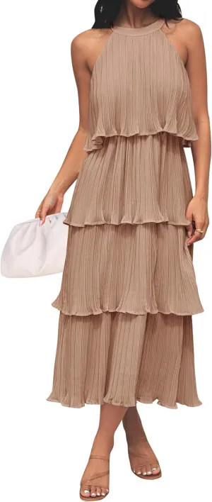 ZESICA Women's 2025 Summer Sleeveless Halter Neck Ruffle Tiered Layed Chiffon Flowy Swing Long Midi Dress