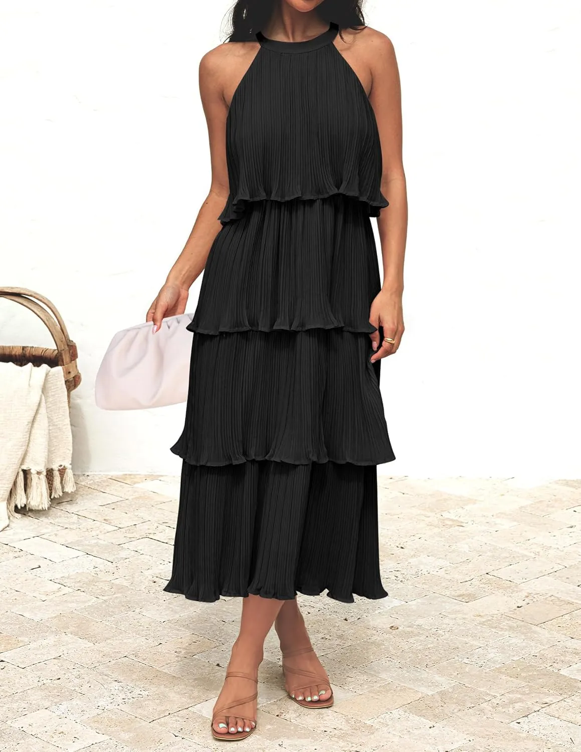 ZESICA Women's 2025 Summer Sleeveless Halter Neck Ruffle Tiered Layed Chiffon Flowy Swing Long Midi Dress