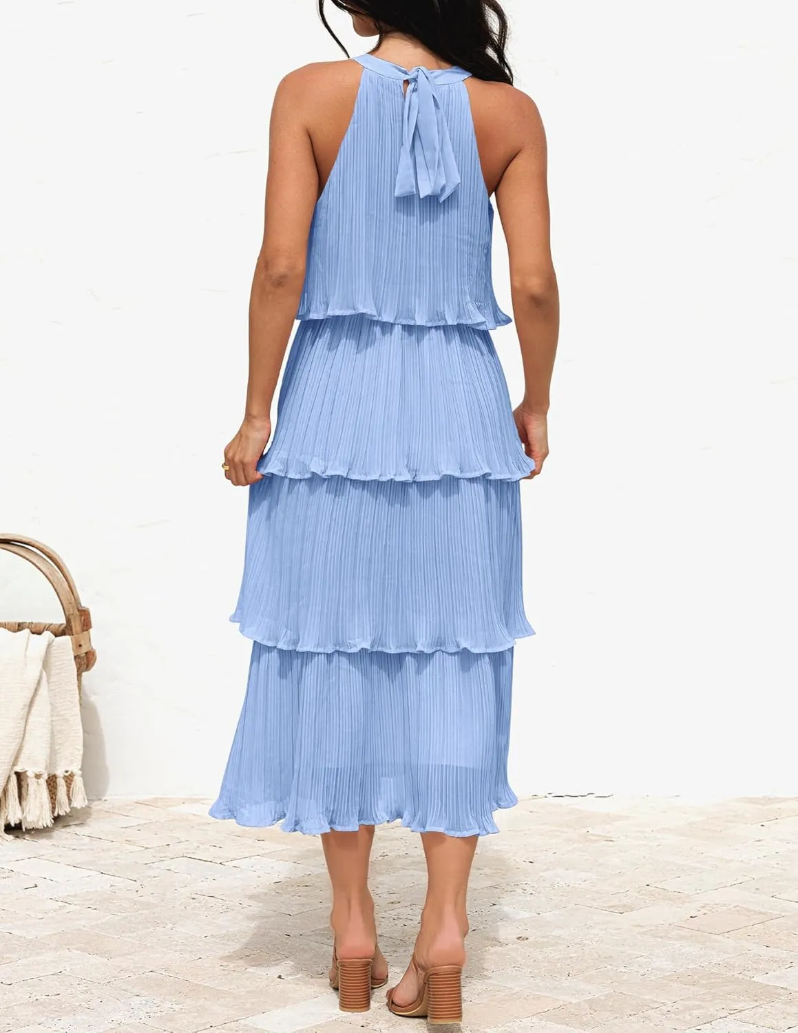 ZESICA Women's 2025 Summer Sleeveless Halter Neck Ruffle Tiered Layed Chiffon Flowy Swing Long Midi Dress