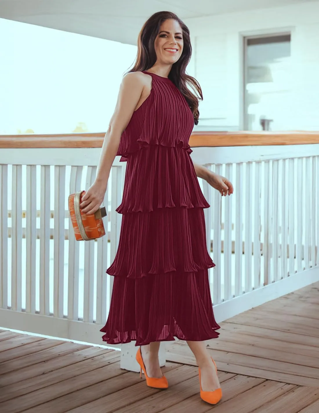 ZESICA Women's 2025 Summer Sleeveless Halter Neck Ruffle Tiered Layed Chiffon Flowy Swing Long Midi Dress