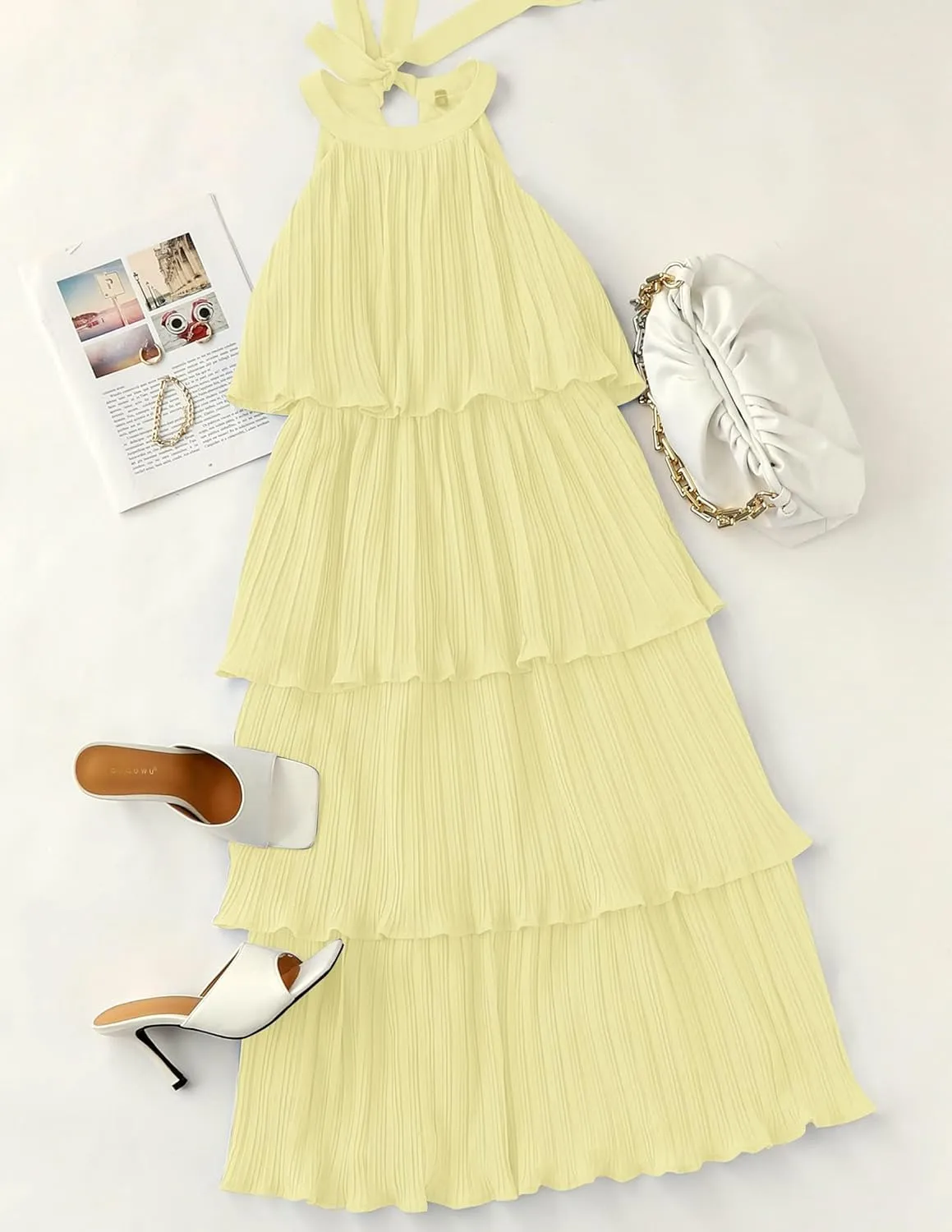 ZESICA Women's 2025 Summer Sleeveless Halter Neck Ruffle Tiered Layed Chiffon Flowy Swing Long Midi Dress