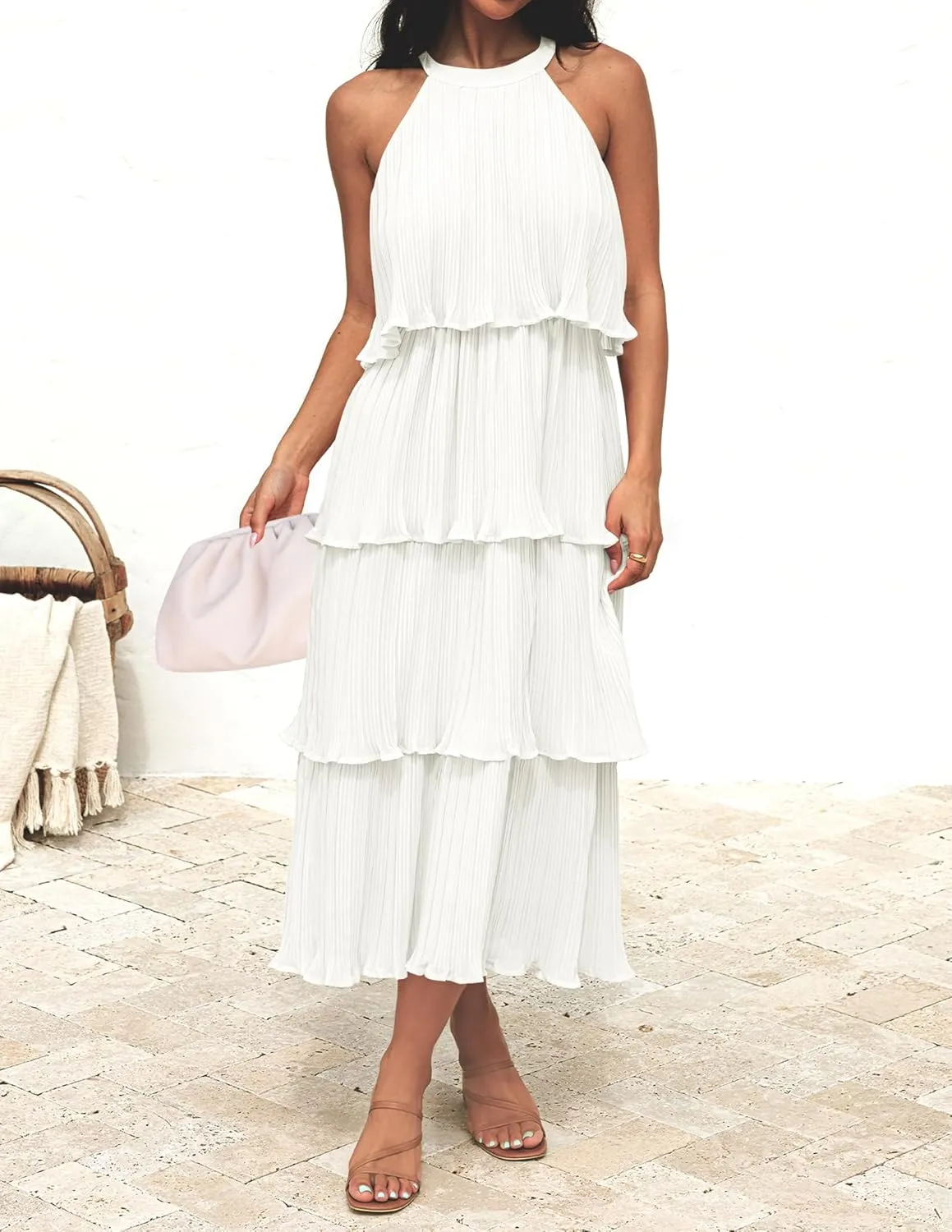 ZESICA Women's 2025 Summer Sleeveless Halter Neck Ruffle Tiered Layed Chiffon Flowy Swing Long Midi Dress