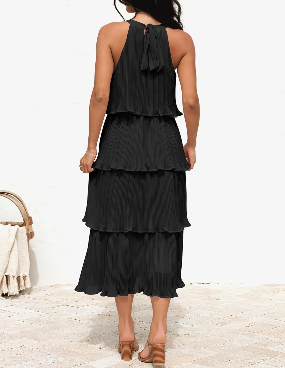 ZESICA Women's 2025 Summer Sleeveless Halter Neck Ruffle Tiered Layed Chiffon Flowy Swing Long Midi Dress