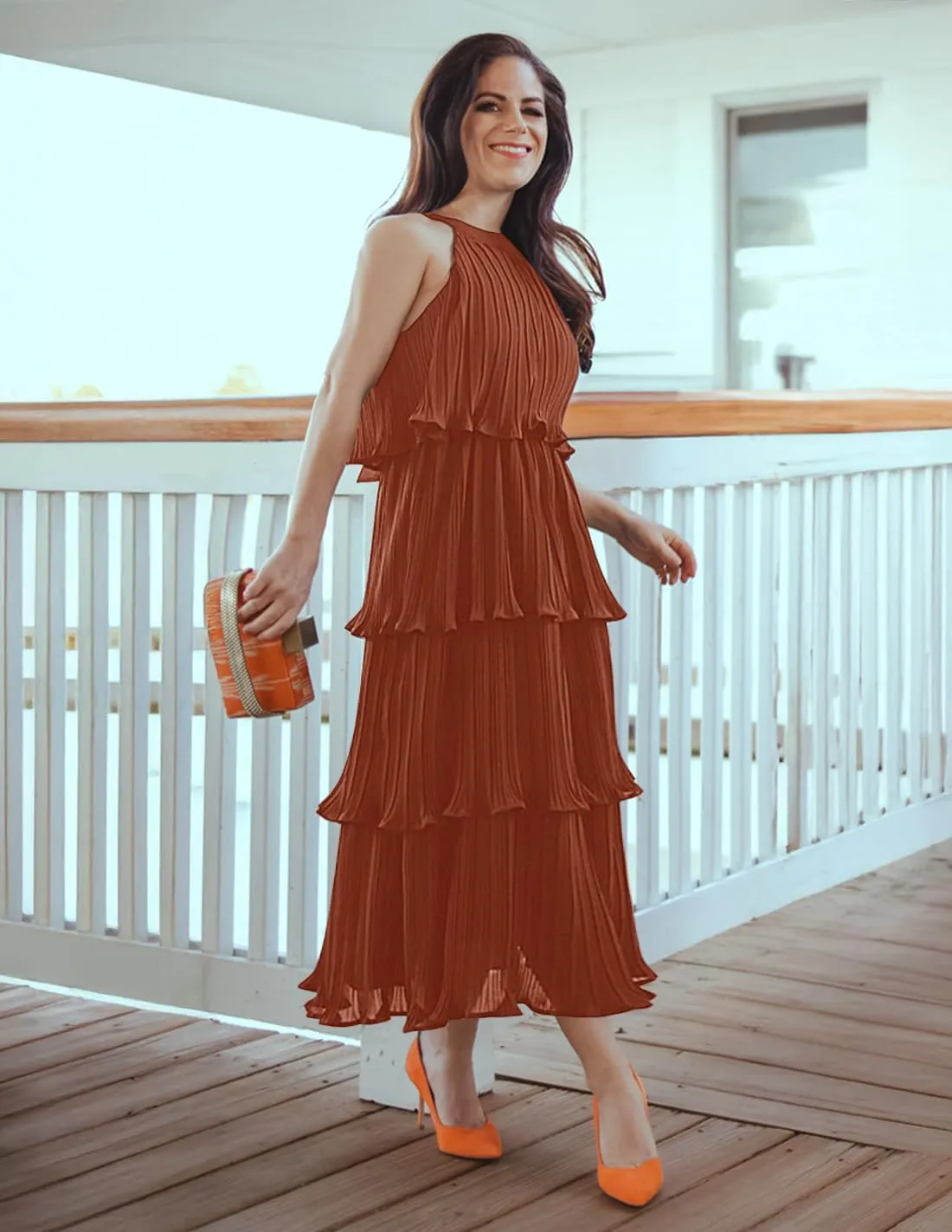 ZESICA Women's 2025 Summer Sleeveless Halter Neck Ruffle Tiered Layed Chiffon Flowy Swing Long Midi Dress