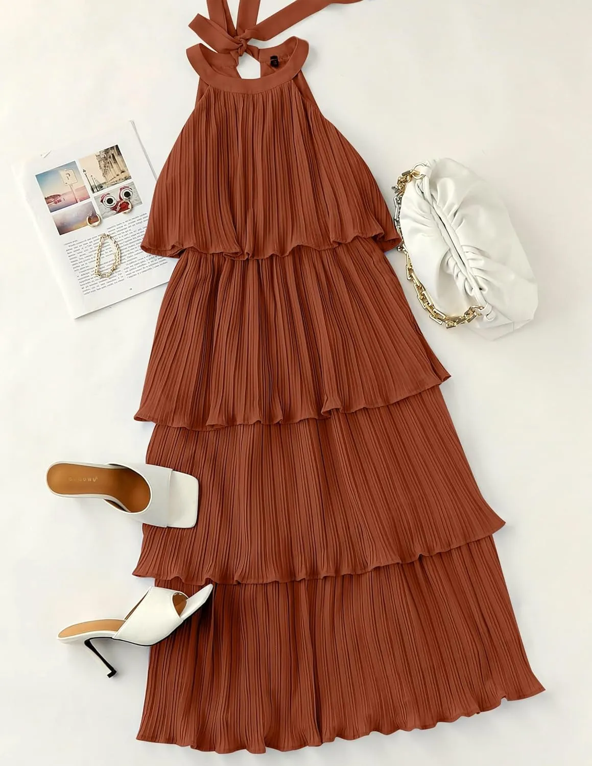 ZESICA Women's 2025 Summer Sleeveless Halter Neck Ruffle Tiered Layed Chiffon Flowy Swing Long Midi Dress