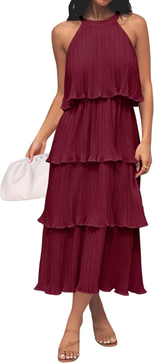 ZESICA Women's 2025 Summer Sleeveless Halter Neck Ruffle Tiered Layed Chiffon Flowy Swing Long Midi Dress