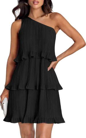 ZESICA Women's 2025 Summer Sleeveless Mini Dress Boho One Shoulder Ruffle Tiered Layered Chiffon Flowy A Line Dresses