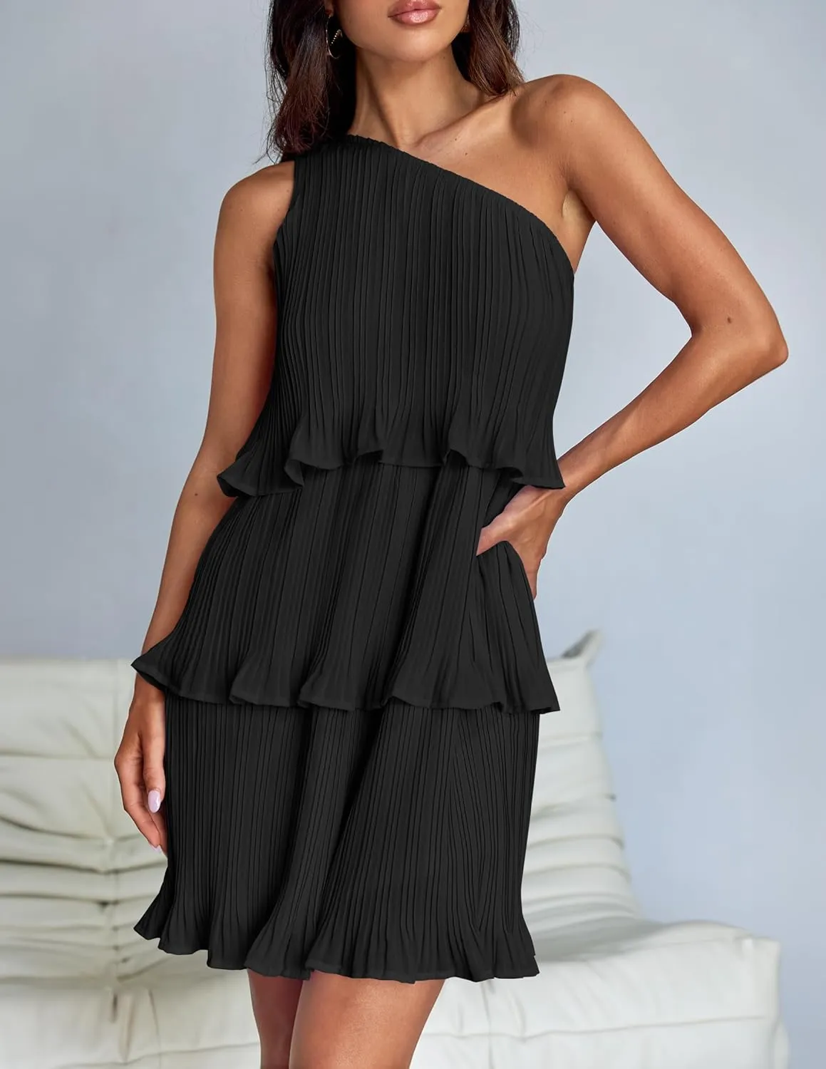 ZESICA Women's 2025 Summer Sleeveless Mini Dress Boho One Shoulder Ruffle Tiered Layered Chiffon Flowy A Line Dresses