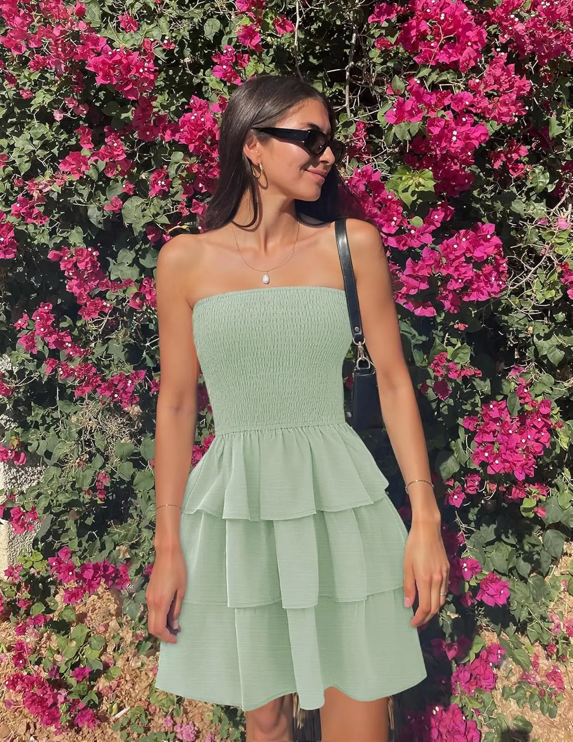 ZESICA Women's Summer Strapless Smocked Tube Dress 2025 Off Shoulder Ruffle Tiered Flowy Beach Boho Mini Sundress