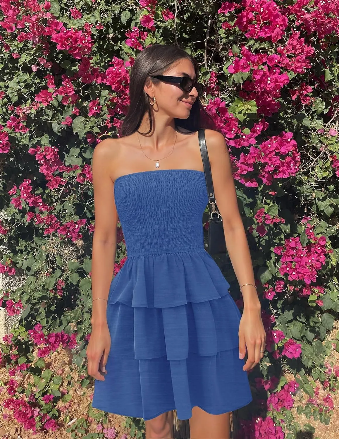 ZESICA Women's Summer Strapless Smocked Tube Dress 2025 Off Shoulder Ruffle Tiered Flowy Beach Boho Mini Sundress
