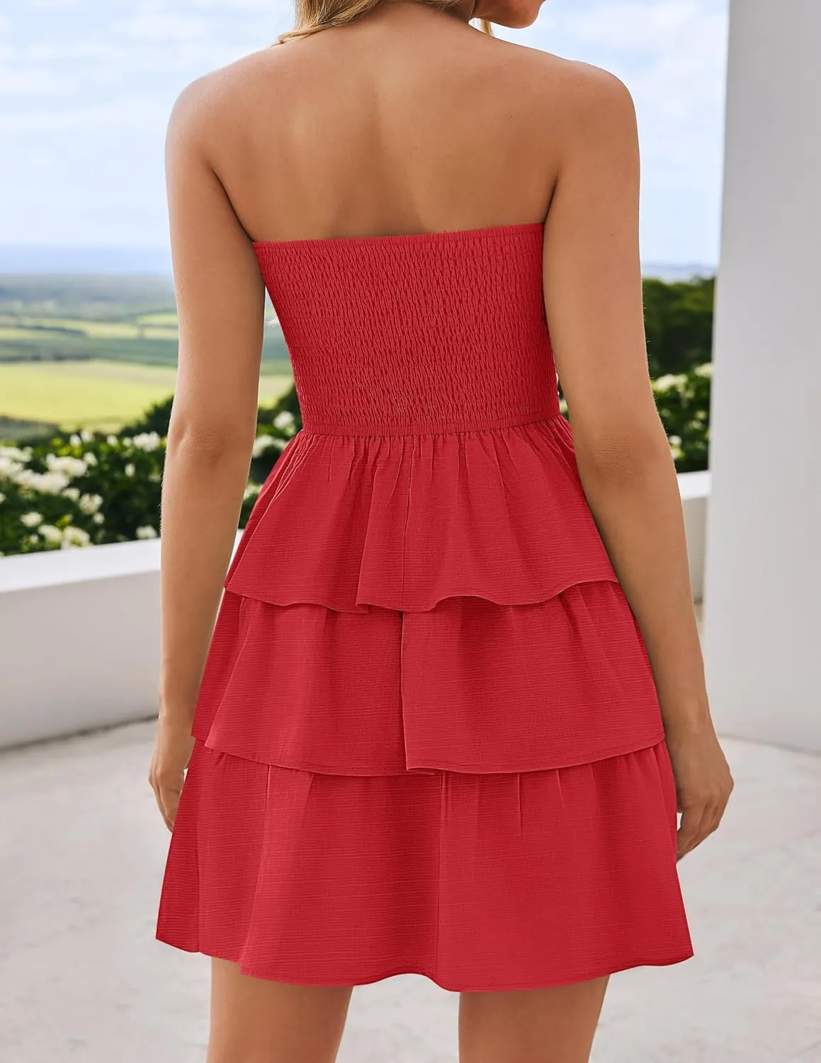 ZESICA Women's Summer Strapless Smocked Tube Dress 2025 Off Shoulder Ruffle Tiered Flowy Beach Boho Mini Sundress