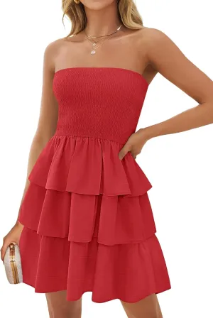 ZESICA Women's Summer Strapless Smocked Tube Dress 2025 Off Shoulder Ruffle Tiered Flowy Beach Boho Mini Sundress