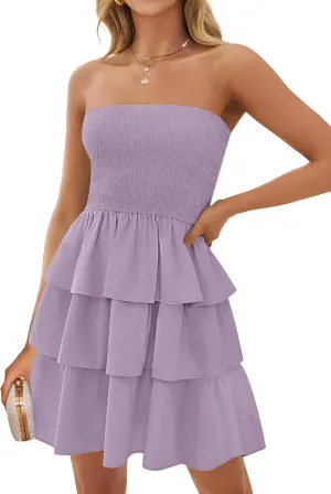 ZESICA Women's Summer Strapless Smocked Tube Dress 2025 Off Shoulder Ruffle Tiered Flowy Beach Boho Mini Sundress
