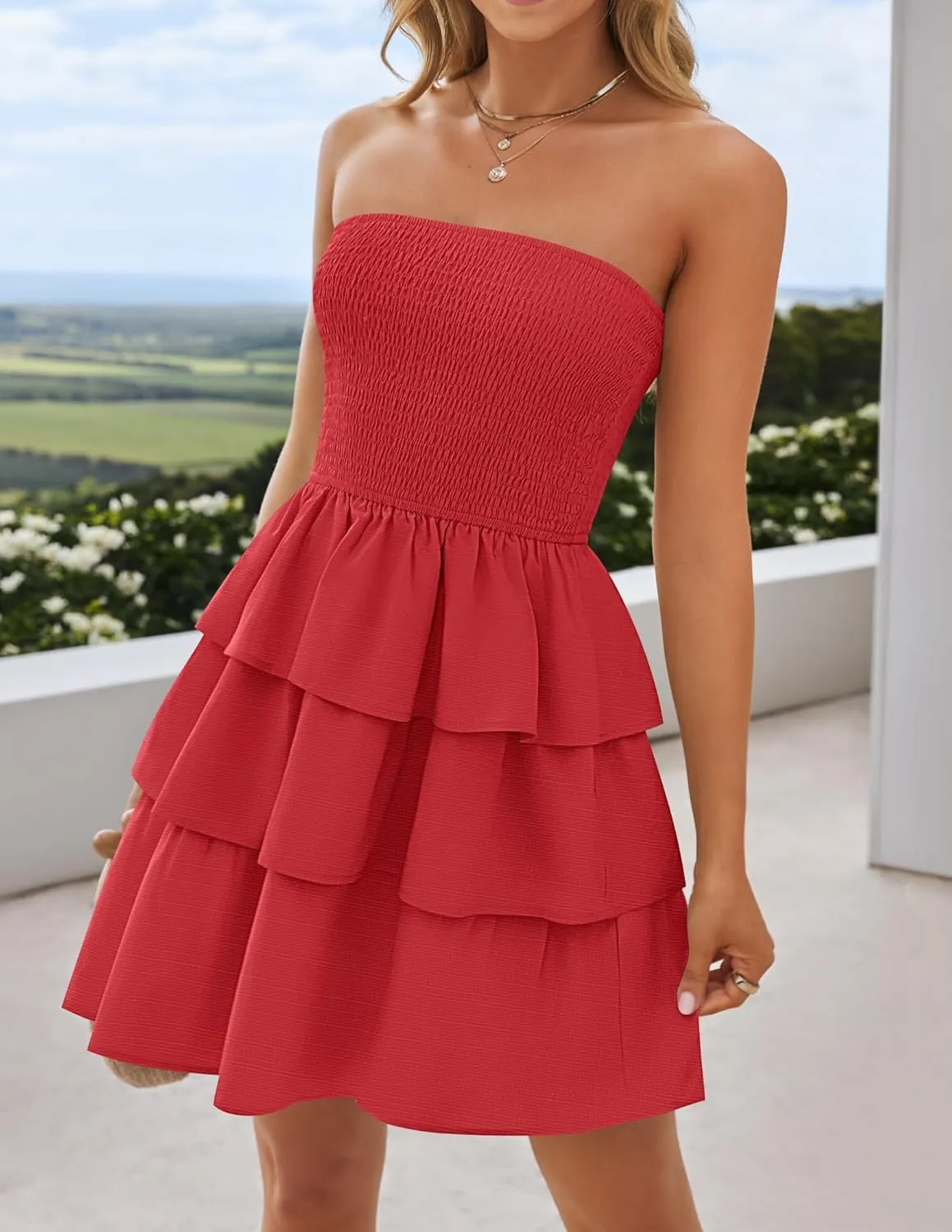 ZESICA Women's Summer Strapless Smocked Tube Dress 2025 Off Shoulder Ruffle Tiered Flowy Beach Boho Mini Sundress