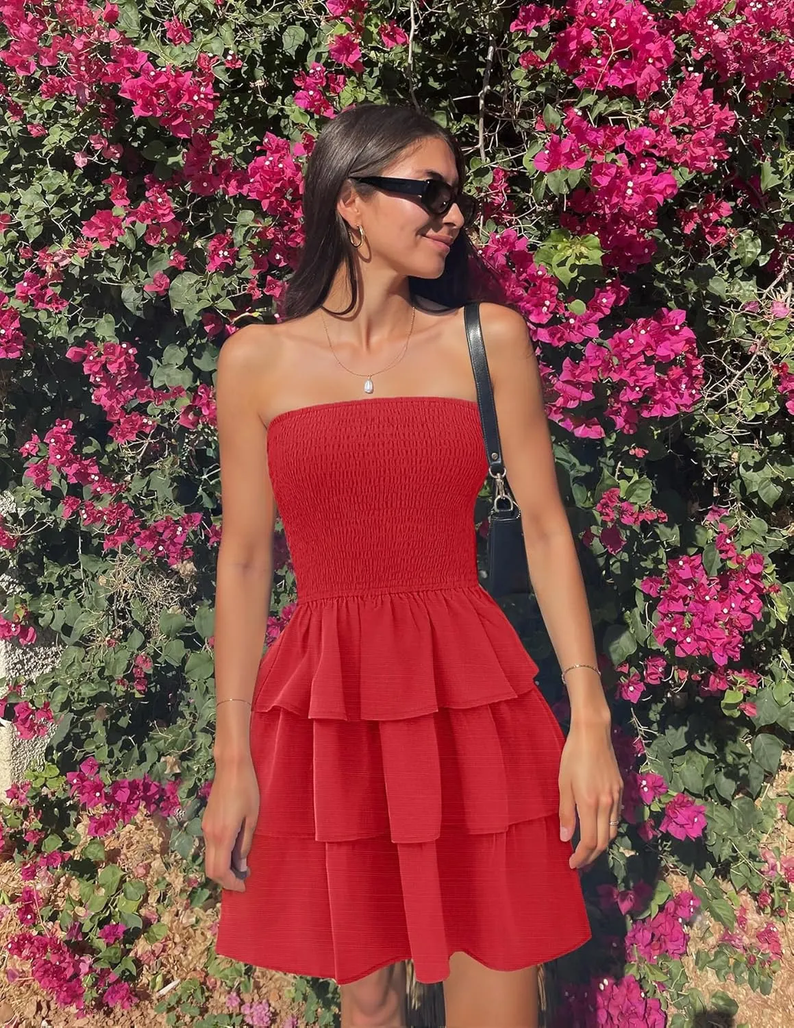 ZESICA Women's Summer Strapless Smocked Tube Dress 2025 Off Shoulder Ruffle Tiered Flowy Beach Boho Mini Sundress