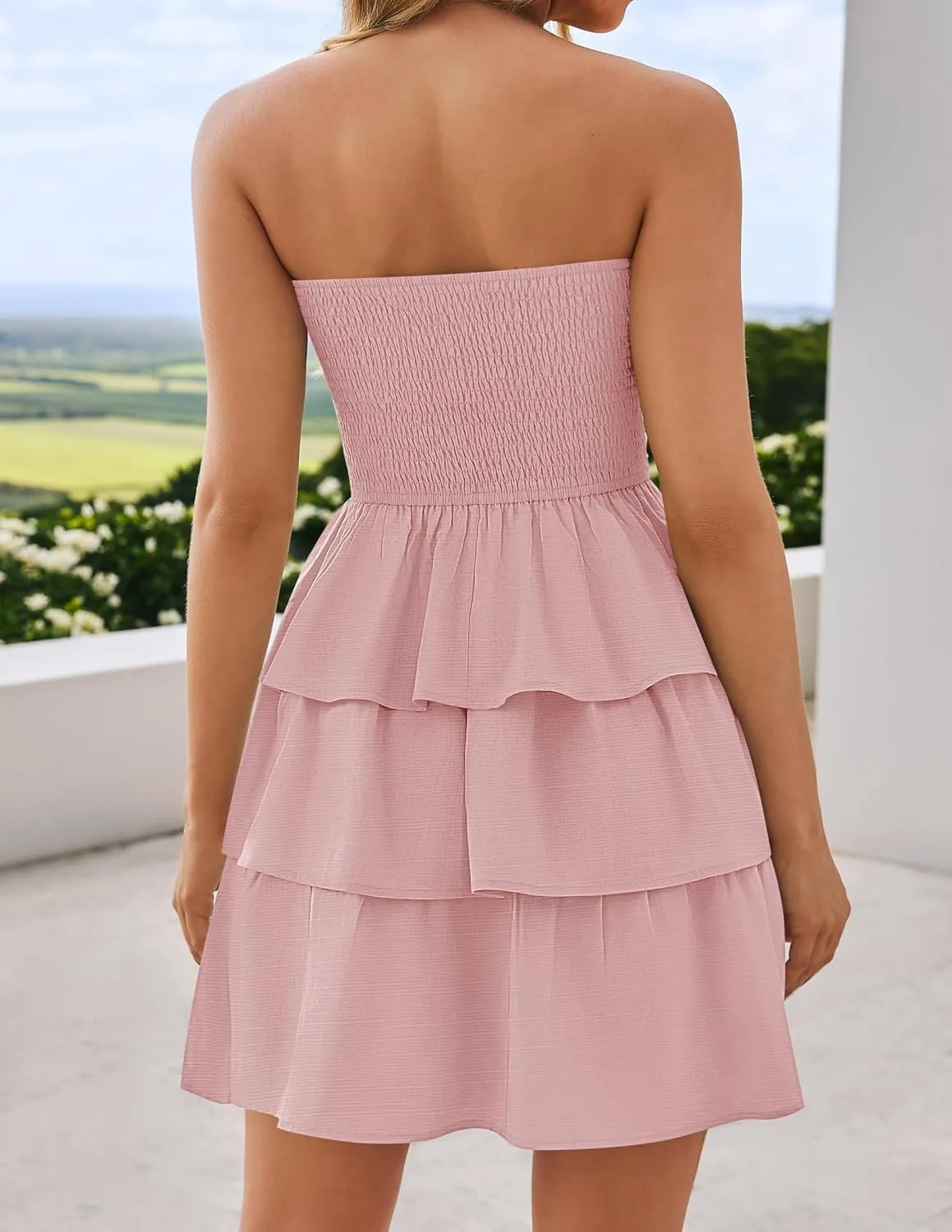 ZESICA Women's Summer Strapless Smocked Tube Dress 2025 Off Shoulder Ruffle Tiered Flowy Beach Boho Mini Sundress