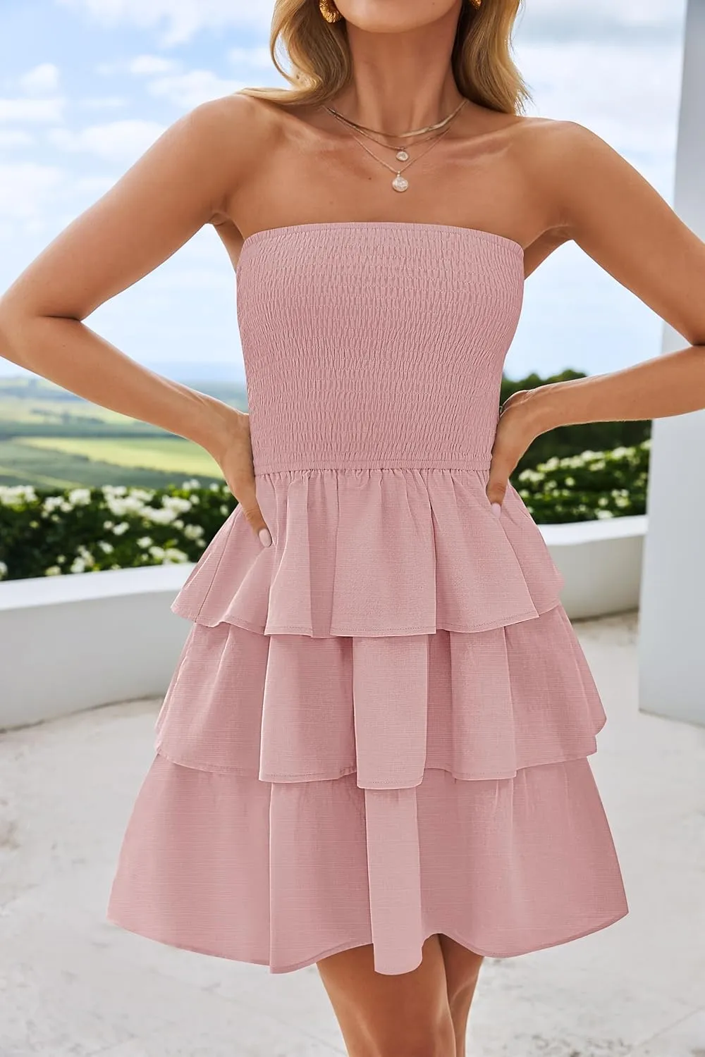 ZESICA Women's Summer Strapless Smocked Tube Dress 2025 Off Shoulder Ruffle Tiered Flowy Beach Boho Mini Sundress