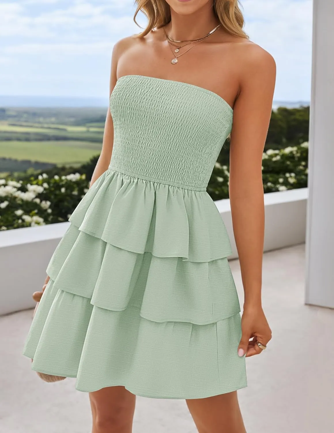 ZESICA Women's Summer Strapless Smocked Tube Dress 2025 Off Shoulder Ruffle Tiered Flowy Beach Boho Mini Sundress
