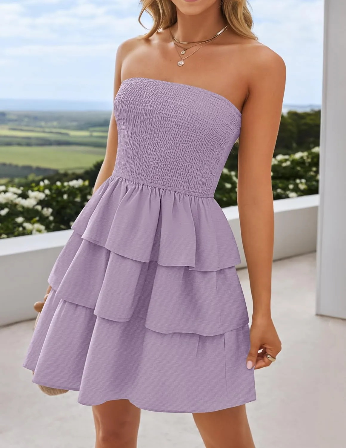 ZESICA Women's Summer Strapless Smocked Tube Dress 2025 Off Shoulder Ruffle Tiered Flowy Beach Boho Mini Sundress