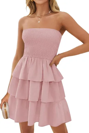 ZESICA Women's Summer Strapless Smocked Tube Dress 2025 Off Shoulder Ruffle Tiered Flowy Beach Boho Mini Sundress
