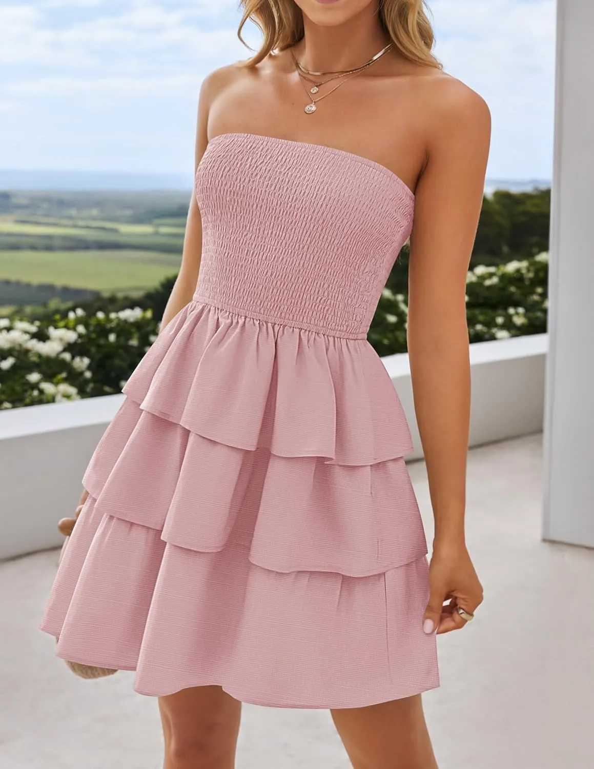 ZESICA Women's Summer Strapless Smocked Tube Dress 2025 Off Shoulder Ruffle Tiered Flowy Beach Boho Mini Sundress